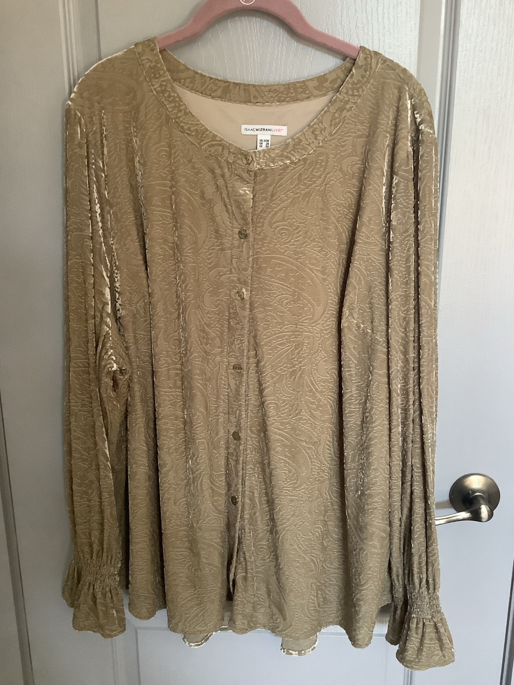 Isaac Mizrahi Velvet Button-Front Blouse in Gold